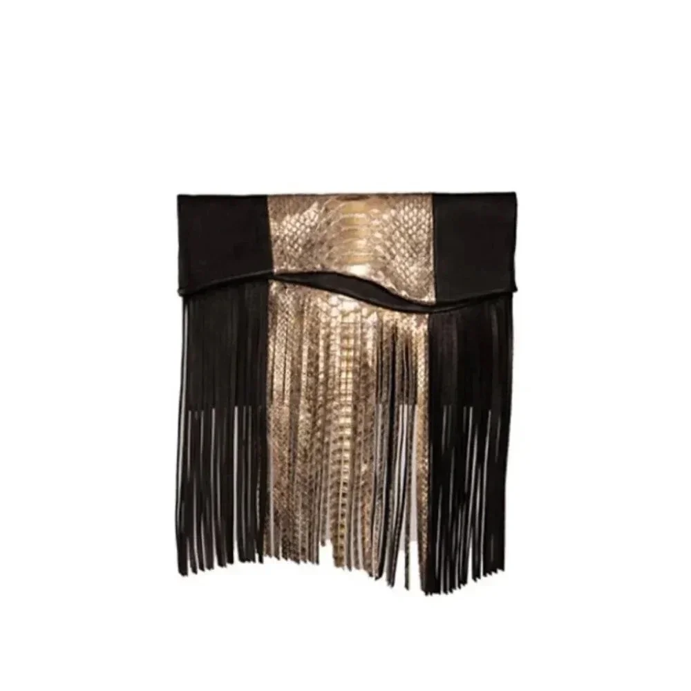 NWT Tarryn Simone Elsee Fringe Leather Crossbody Bag Black Gold Snake